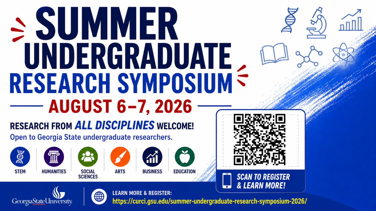 gsucehd's tweet photo. Georgia State's Summer Undergraduate Research Symposium is scheduled for Aug. 6-7! This event gives undergraduate students and summer internship participants the opportunity to present their research to the university community. Details: https://t.co/CWV3TIb0aa https://t.co/9d9Oxf3961