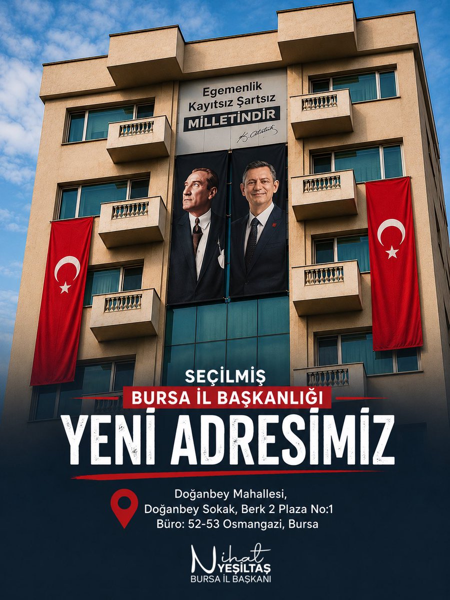 nihat_yesiltas's tweet photo. Yeni adresimizde, görevimizin başındayız!

Bursa örgütümüzün iradesine sahip çıkıyor, mücadelemizi kararlılıkla sürdürüyoruz. Seçilmiş İl Başkanlığımız olarak artık yeni adresimizdeyiz.

📍 Doğanbey Mahallesi, Doğanbey Sokak, Berk 2 Plaza No:1, Büro: 52-53 Osmangazi/Bursa

Bursa örgütünün iradesi burada, mücadele burada!