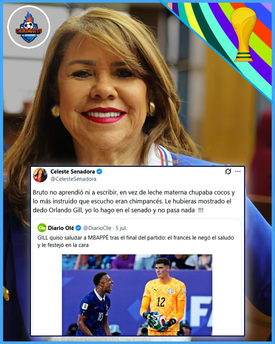 elchiringuitotv's tweet photo. 💥 MBAPPÉ RESPONDE a los INSULTOS de la SENADORA de PARAGUAY:

❌ "Usted es una mujer impresentable e indigna de su cargo".

❌ "Nunca permitiré que personas como ella tengan la libertad de propagar su odio y racismo". https://t.co/Bsvw5G6fIF