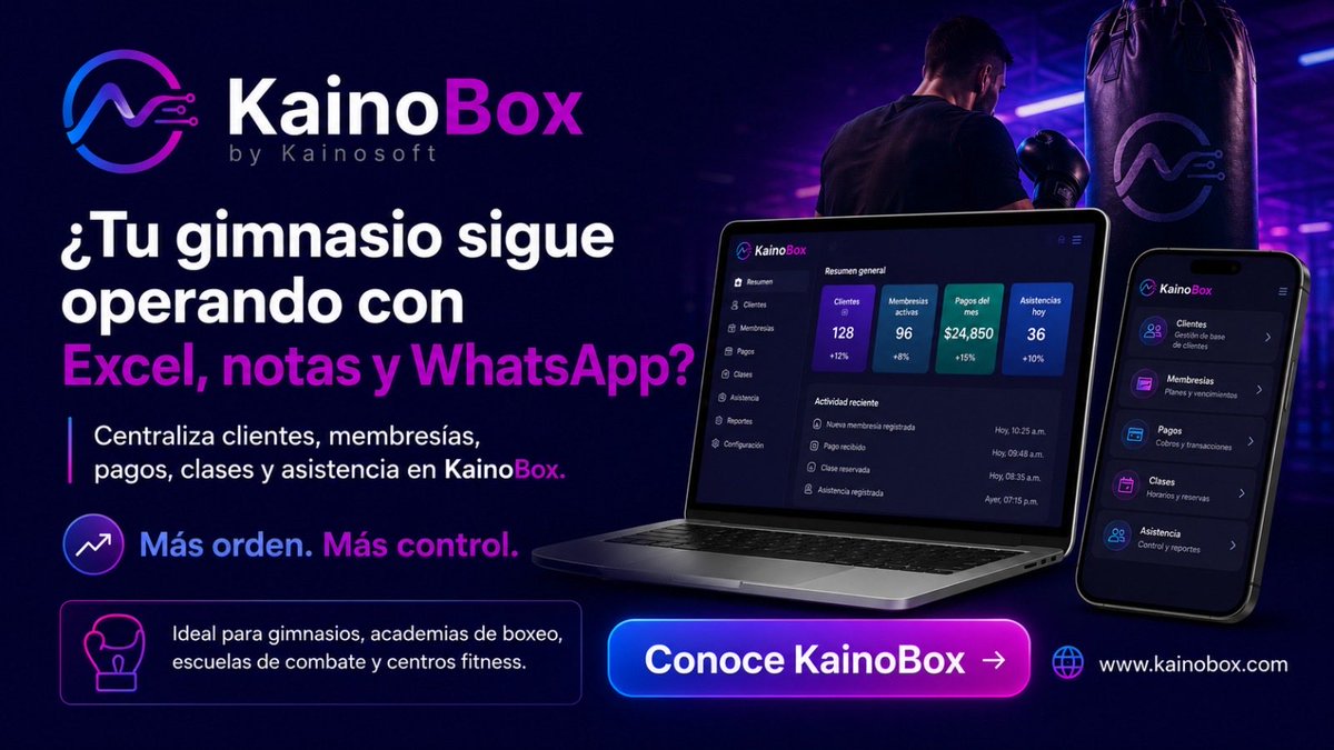 Kainosoft_'s tweet photo. ¿Tu gimnasio sigue usando Excel, notas y WhatsApp? KainoBox centraliza clientes, membresías, pagos, clases y asistencia en una sola plataforma. Más orden. Más control. 
https://t.co/Q3LZ0yazuG https://t.co/AWPdkczFnC