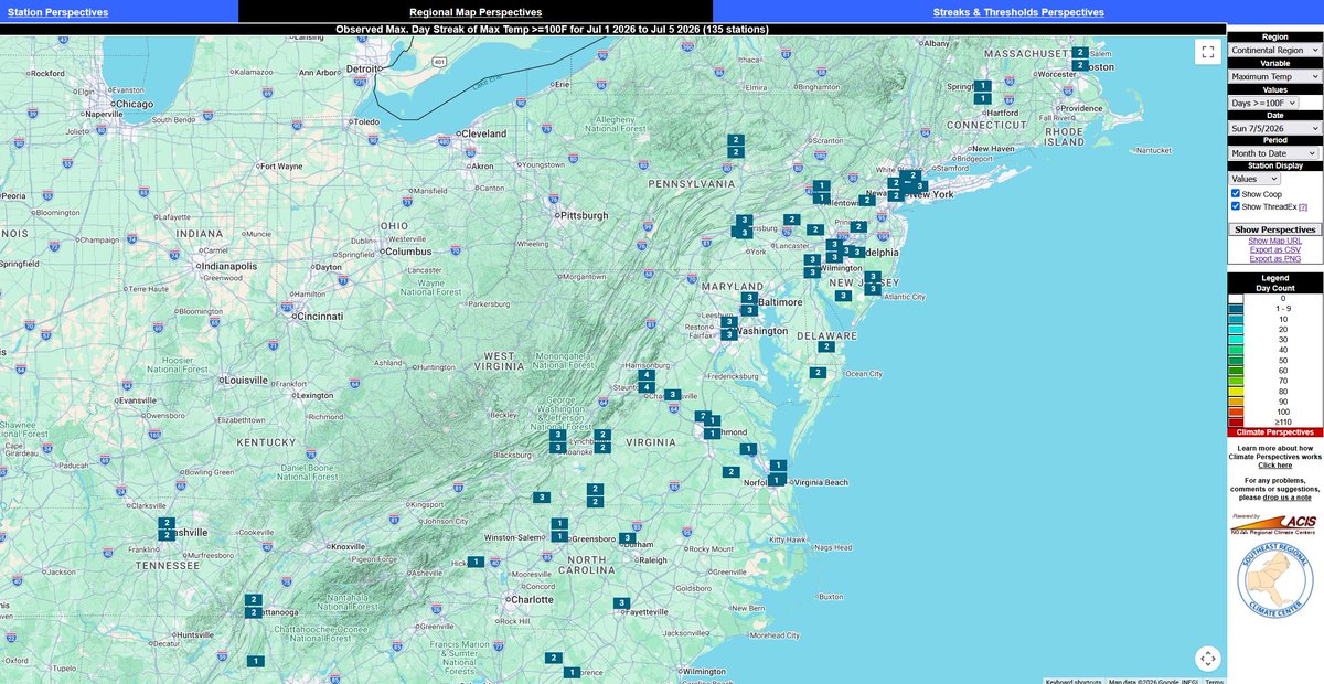 SERCC's tweet photo. Using our #CLIMPER tool here are the max day streaks of 100°+ for July so far.
@CHOAirport (T-3rd longest) &amp; the #ChapelHIll COOP are the only ones with 4 days in a row so far
https://t.co/msvdGTzuJm
@NWS_BaltWash @NWSEastern #vawx @NOAANCEI @ClimateVirginia @NWSRaleigh @NCSCO https://t.co/G9uFP8Y0Ob