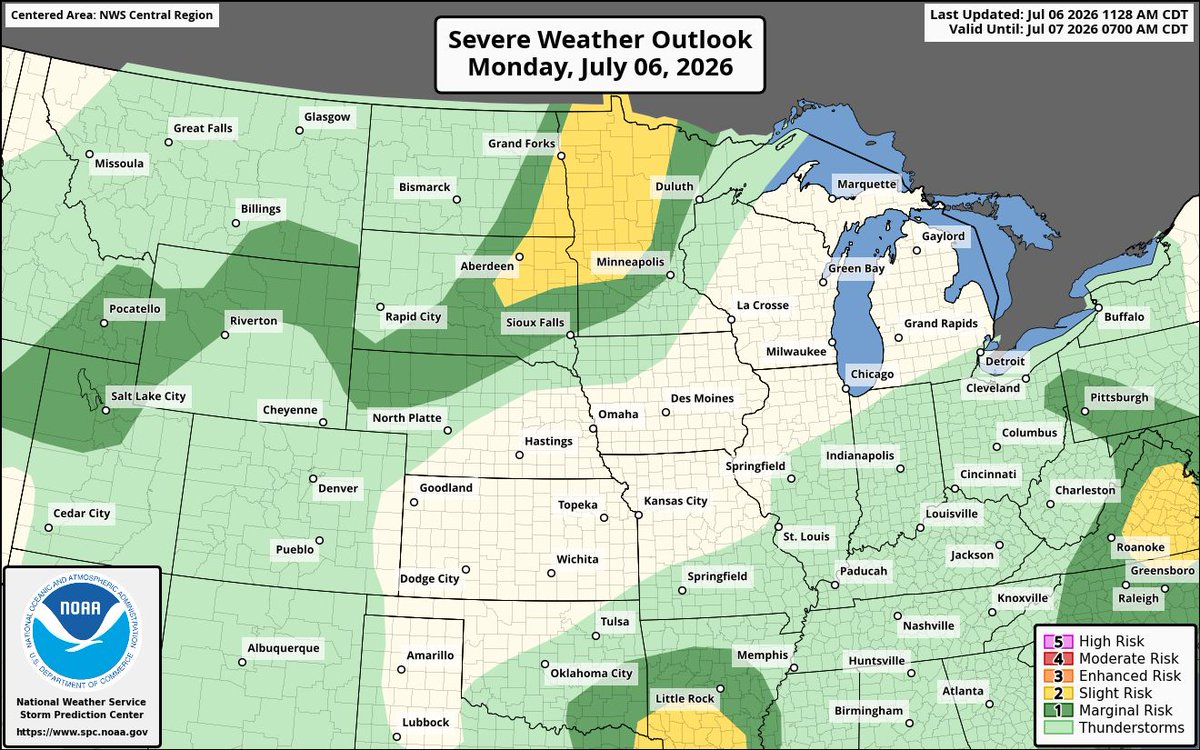 NWS's tweet photo. Widely scattered severe thunderstorms capable of large hail and severe wind gusts appear possible across the eastern Dakotas and western Minnesota this afternoon and evening. Isolated to scattered damaging wind gusts will also be possible with the strongest storms in the southern Mid-Atlantic, Carolinas, and ArkLaTex regions.