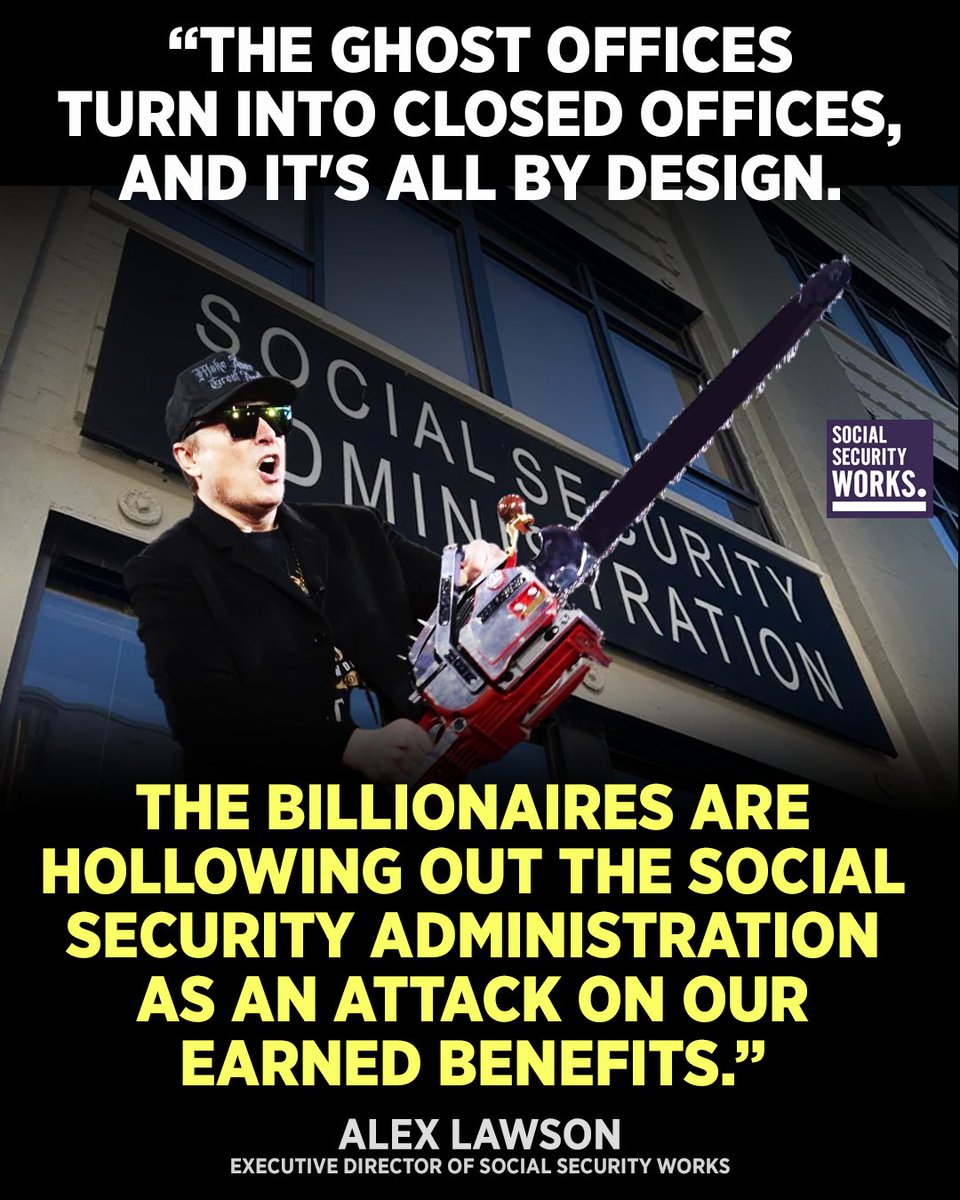SSWorks's tweet photo. Billionaires LOVE that Social Security’s “ghost offices” are technically still “open” but lack the staff to actually function.

Why?

Because it’s a part of their scheme to wreck Social Security so they can rob us of our earned benefits! https://t.co/t32I1WYWAH