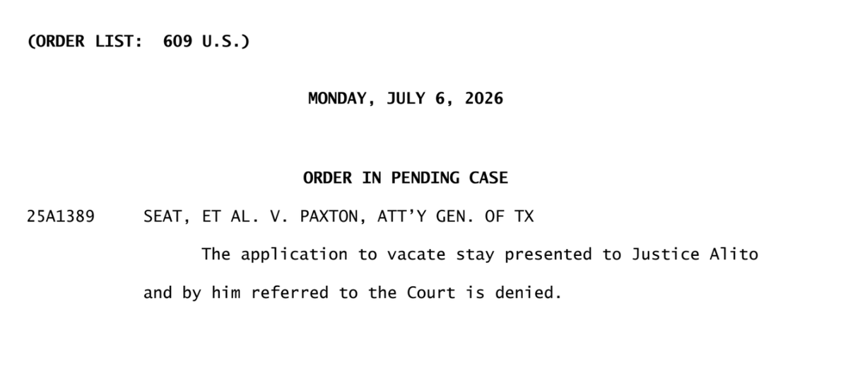 chrisgeidner's tweet photo. BREAKING: The Supreme Court won't stop Texas from enforcing its age-verification and parental-consent mandate regarding mobile app downloads (Texas Senate Bill 2420) during litigation. There were no noted dissents. https://t.co/6h734Rw3dC