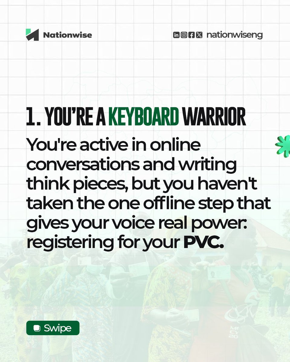 NationwiseNG's tweet photo. Most people don't ignore politics because they don't care.

They ignore it because they think their participation doesn't matter.

That's exactly how apathy wins.

Swipe through this thread and ask yourself one question:

Why haven't you gotten your PVC yet? https://t.co/Hjo3UpbKu2
