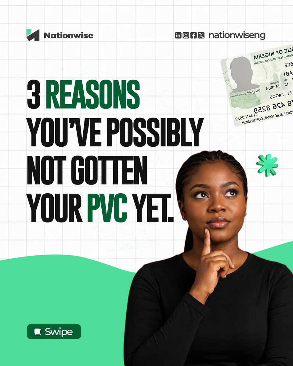 NationwiseNG's tweet photo. Most people don't ignore politics because they don't care.

They ignore it because they think their participation doesn't matter.

That's exactly how apathy wins.

Swipe through this thread and ask yourself one question:

Why haven't you gotten your PVC yet? https://t.co/Hjo3UpbKu2