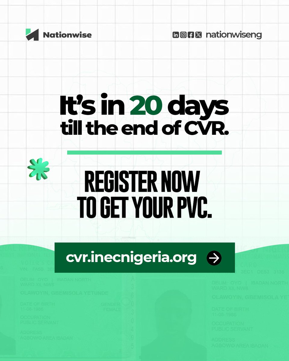 NationwiseNG's tweet photo. If you haven't registered yet, don't wait until it's too late.

Register today. Know your nation.

#KnowYourNation #NationwiseNG https://t.co/aZpPDQjloG