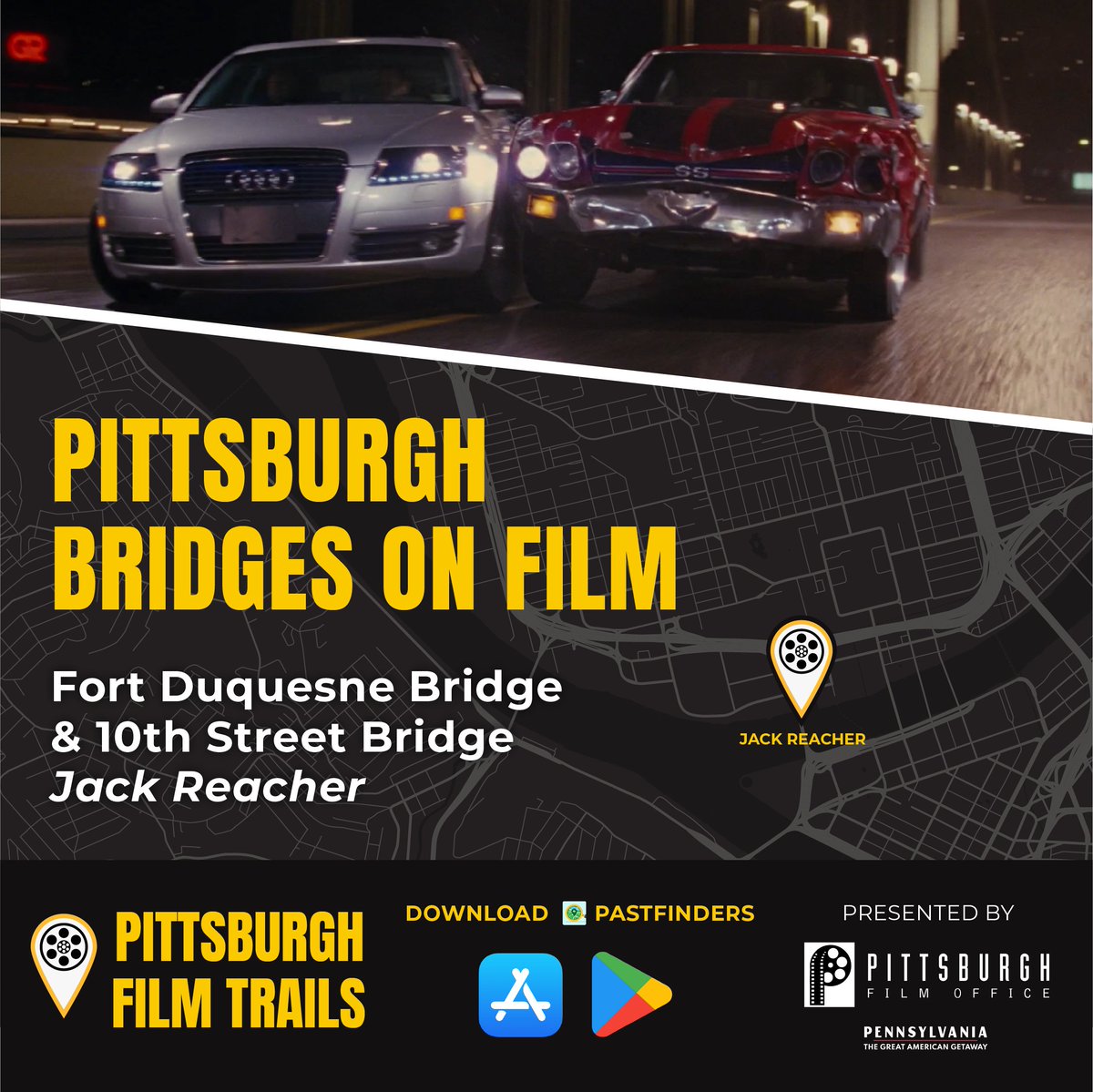 PghFilmOffice's tweet photo. Check out PITTSBURGH FILM TRAILS, a brand new self-guided tour of film and television history in the Pittsburgh region. Download PASTFINDERS now!
https://t.co/BYhzQLhLIX
Graphics created by Flying Scooter Productions.
#ratedpgh #pghfilm #pittsburghfilmtrails #pastfinders https://t.co/Ej4qGJyZ47