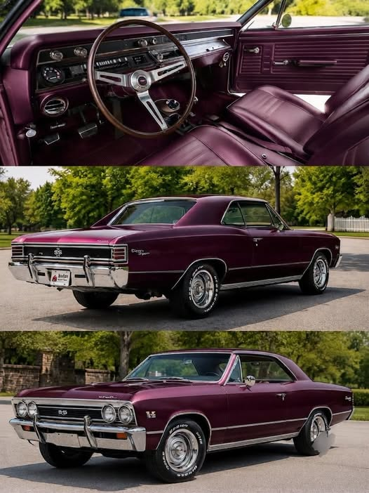 Jessica18712's tweet photo. This 1967 Chevelle SS is stunning! Burgundy paint, matching interior, and classic muscle stance. American steel forever. Who’s obsessed? #ChevyChevelle #MuscleCar https://t.co/8vgJzXXc7U