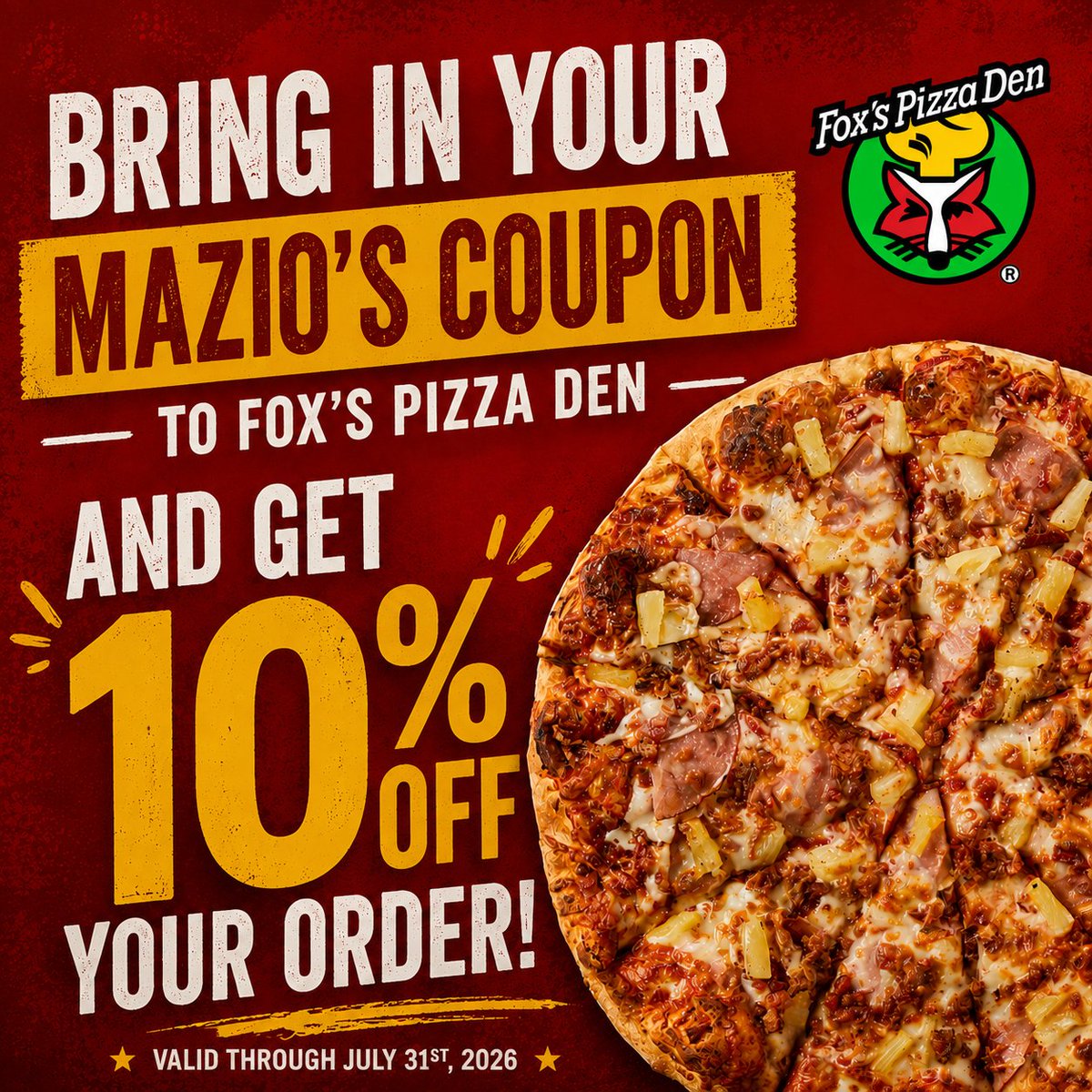 foxsclintonms's tweet photo. Got a Mazio's coupon? Bring it to Fox's Pizza Den and enjoy 10% OFF your order! 📷📷
We're serving up great food, friendly service, and a delicious deal you won't want to miss. Stop by and save while supporting your local pizza spot! https://t.co/Kmc6Utjb0r