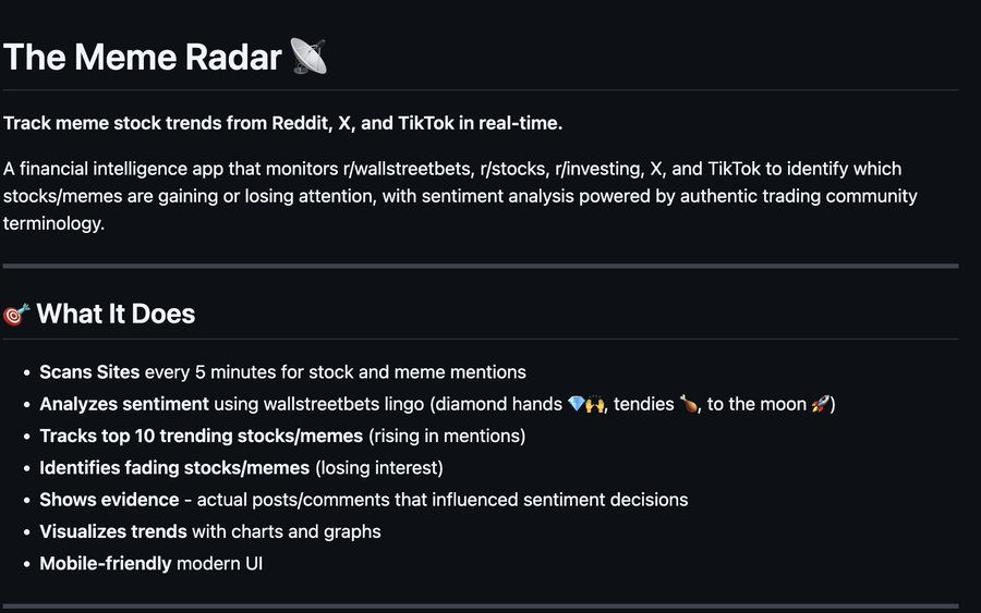 devvy0x's tweet photo. we need to bring back memes and i just found the perfect narra

a cracked dev created a new meme stock terminal called "The Meme Radar"  to track &amp; analyze memes across the internet https://t.co/Su0U8XfsGT
 
it tracks Reddit/TikTok/X in real time &amp; scans WallStreetBets $MEMEDAR https://t.co/wNnbXYykow