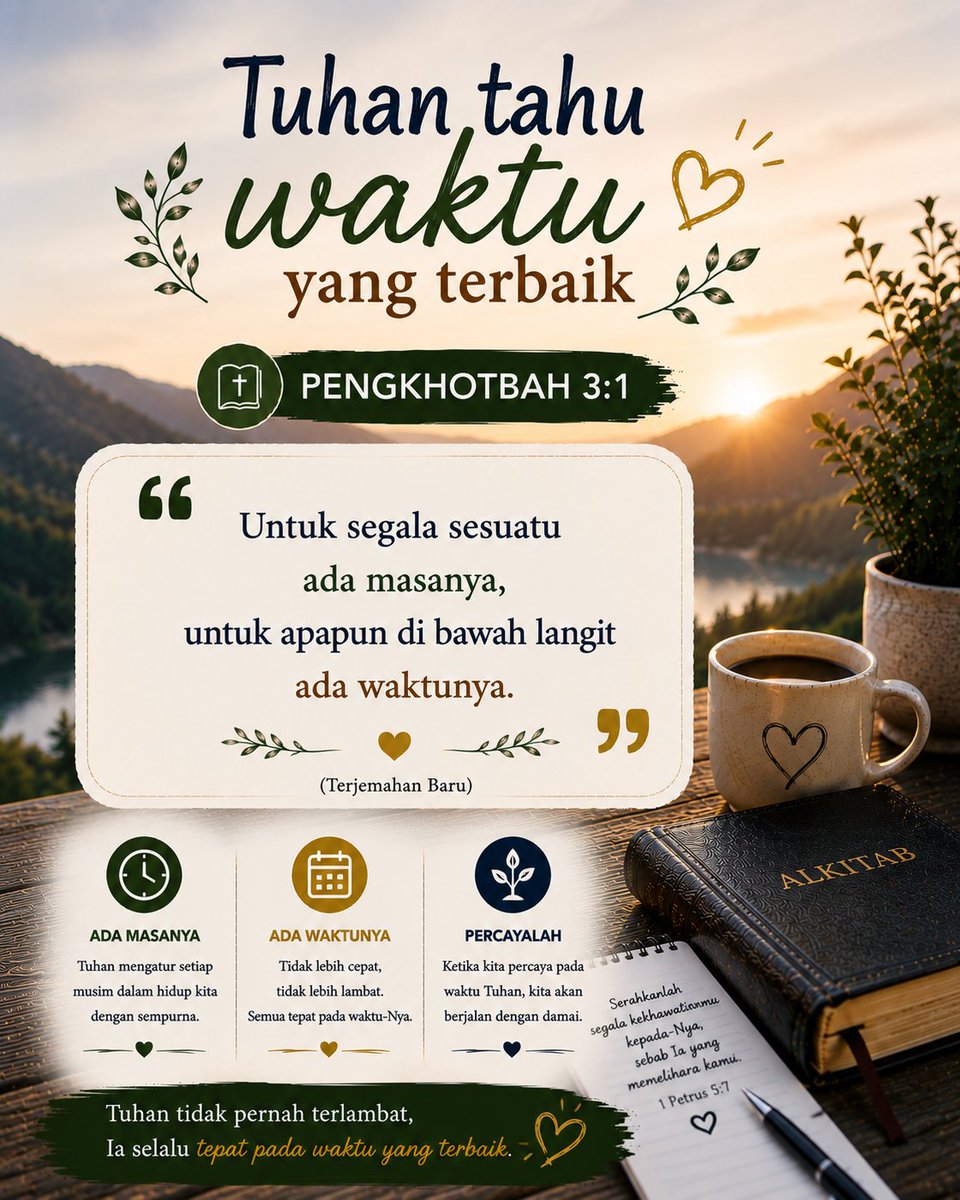 TanyaAlkitab's tweet photo. 📖 Pengkhotbah 3:1

Tidak semua hal harus terjadi hari ini.

Percayalah, Tuhan memiliki waktu yang tepat untuk setiap rencana dalam hidup kita. https://t.co/wNOgSZ92tF