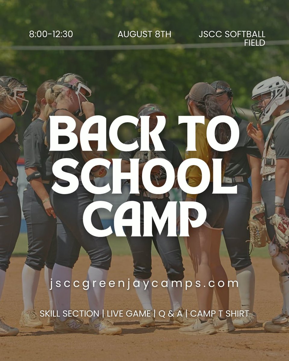 jsccsoftball1's tweet photo. BACK TO SCHOOL CAMP 🚌
Come spend a Saturday morning with us before school gets back in full swing! We would love to help you sharpen your skills and see what you have during our live game to close out the morning.
Hope to see you there!
#agreatplacetobe #backtoschool https://t.co/etpeIKA0lr