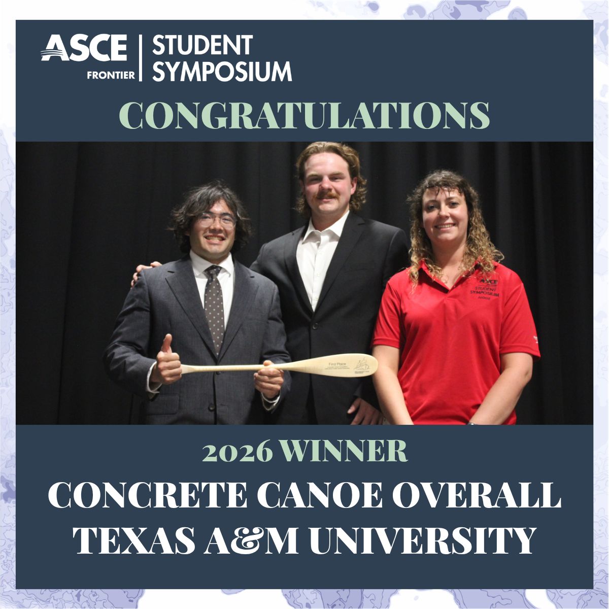 TEXASCEtweets's tweet photo. Congratulations to the winners of the 2026 ASCE Frontier Student Symposium Concrete Canoe Competition, Texas A&amp;M University!
Join us in celebrating this year’s outstanding teams and competitors! #FrontierSymposium26 #ASCE https://t.co/Ns3vmDaJnZ