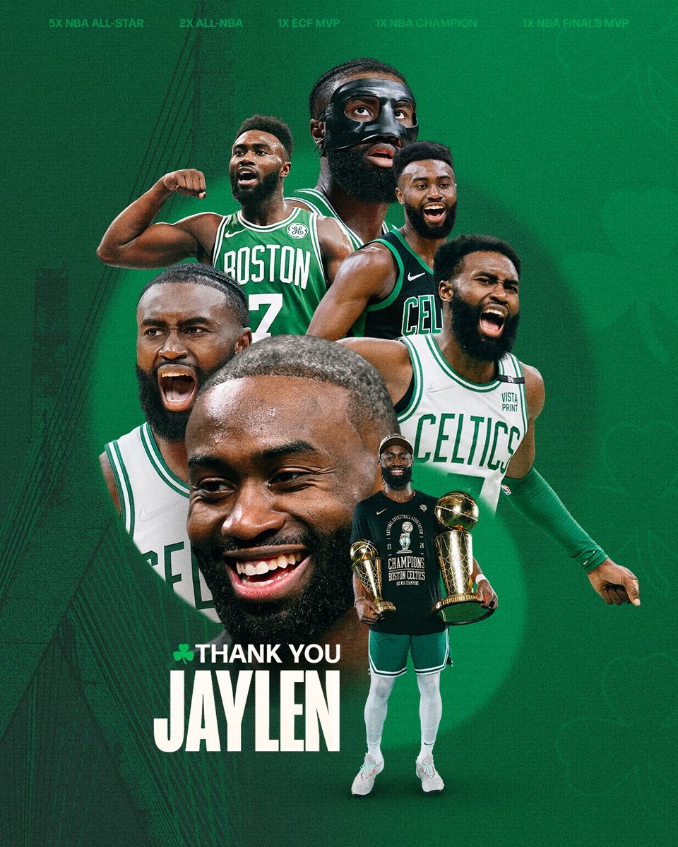 CelticsAr's tweet photo. 🚨- عاجل ‼️ بوسطن يودع براون رسمياً :

✅ 5x All-Star  
✅ 2x All-NBA Second Team  
✅ ECF & Finals MVP  
✅ NBA Champion  

التأثير الذي خلّفته داخل الملعب وخارجه سيظلّ محسوسًا إلى الأبد في مدينة بوسطن ومعجبي السيلتكس في كل مكان.  

شكرًا لأحد أعظم لاعبي السيلتكس على الإطلاق، جايلن براون ☘️