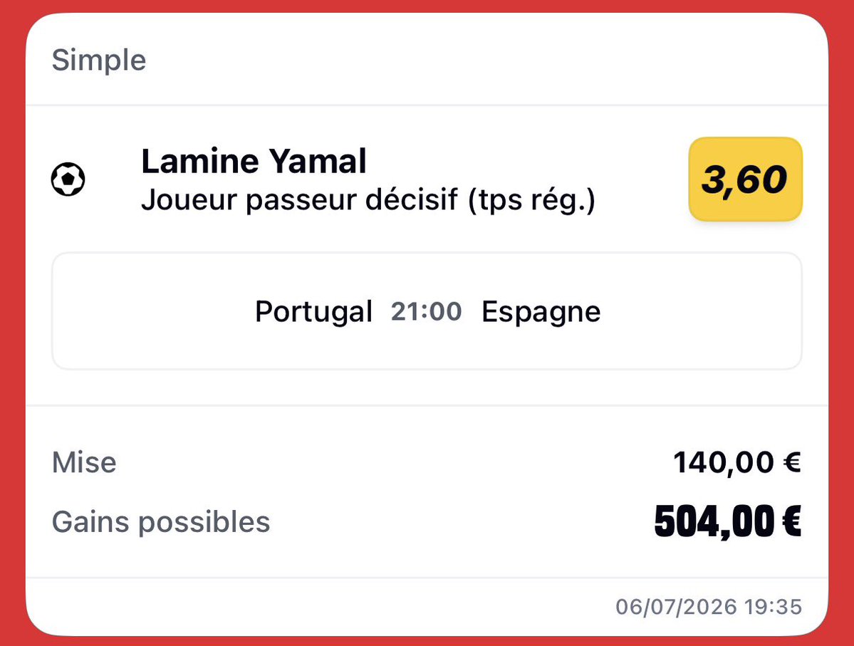 KenzooBet's tweet photo. Pick CDM :

👟 Yamal passeur (@ 3.6) 🗳️ 1%

Début de mondial moyen + adversaire fort = cote au plus haut! La passe D me plaît vraiment et me parait  bien EV+
Bonus bet en commentaire https://t.co/3MNRFqVlMY
