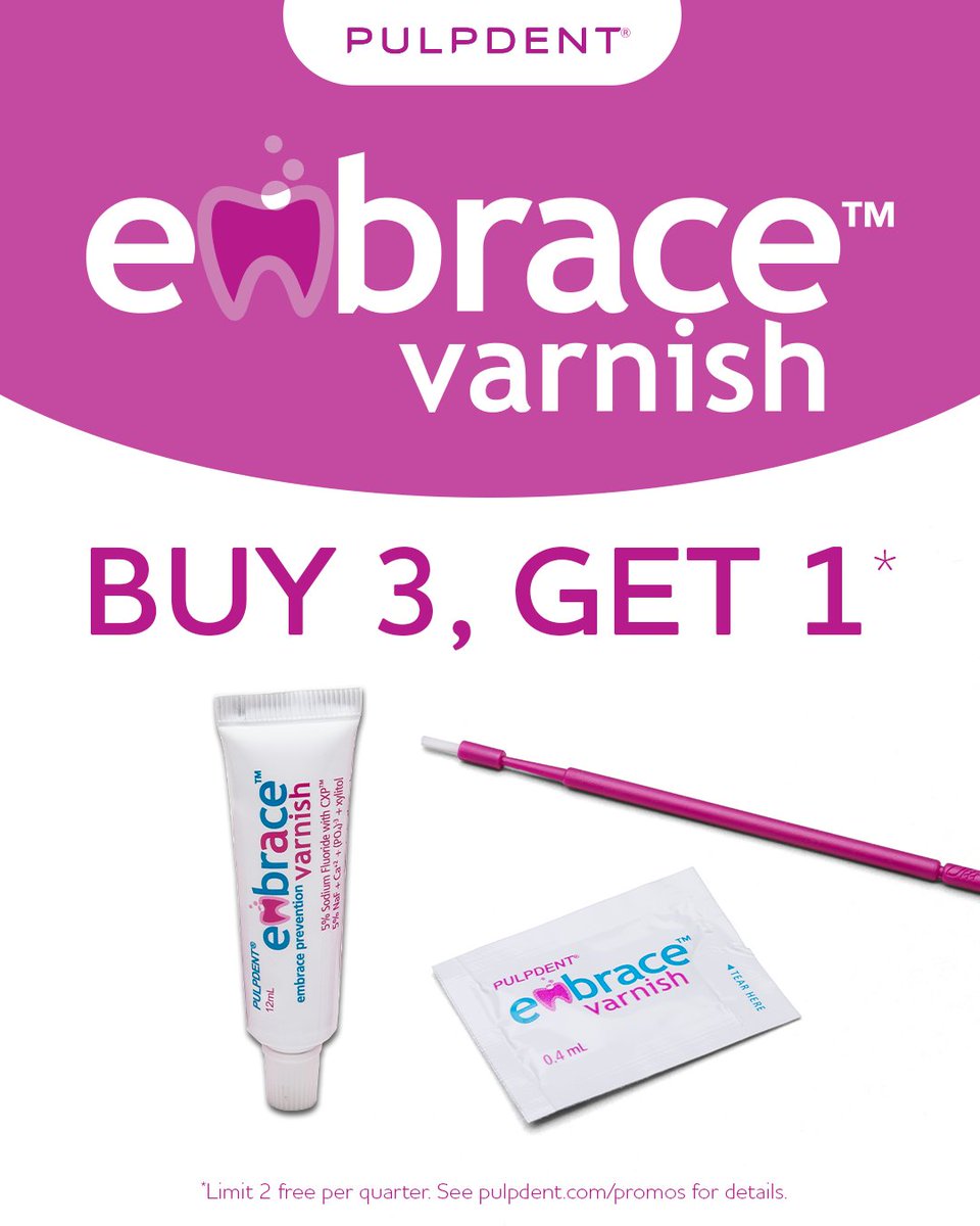 AMTouchDental's tweet photo. Stock up and save! 🦷 Pulpdent Embrace™ Varnish is Buy 3, Get 1 Free. Smooth, dependable 5% sodium fluoride your operatory can count on. Shop our website or talk to your Amtouch rep to grab the deal. ✨ https://t.co/Dqzp956eyd