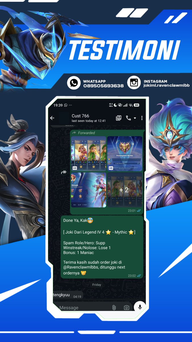 Ravenclawmlbbs's tweet photo. Done Joki ML

2521. Legend V 0 ★ -  Legend III 1 ★ Nolose
2522. Legend IV 4 ★ -  Mythic ★ 
2523. Jokgen Legend I 3 ★ -  Mythic ★ Nolose
2524. Mythic ★ -  Mythic 15 ★ Nolose

#testiravenclawjoki #jokiml https://t.co/U5biZXdTsg