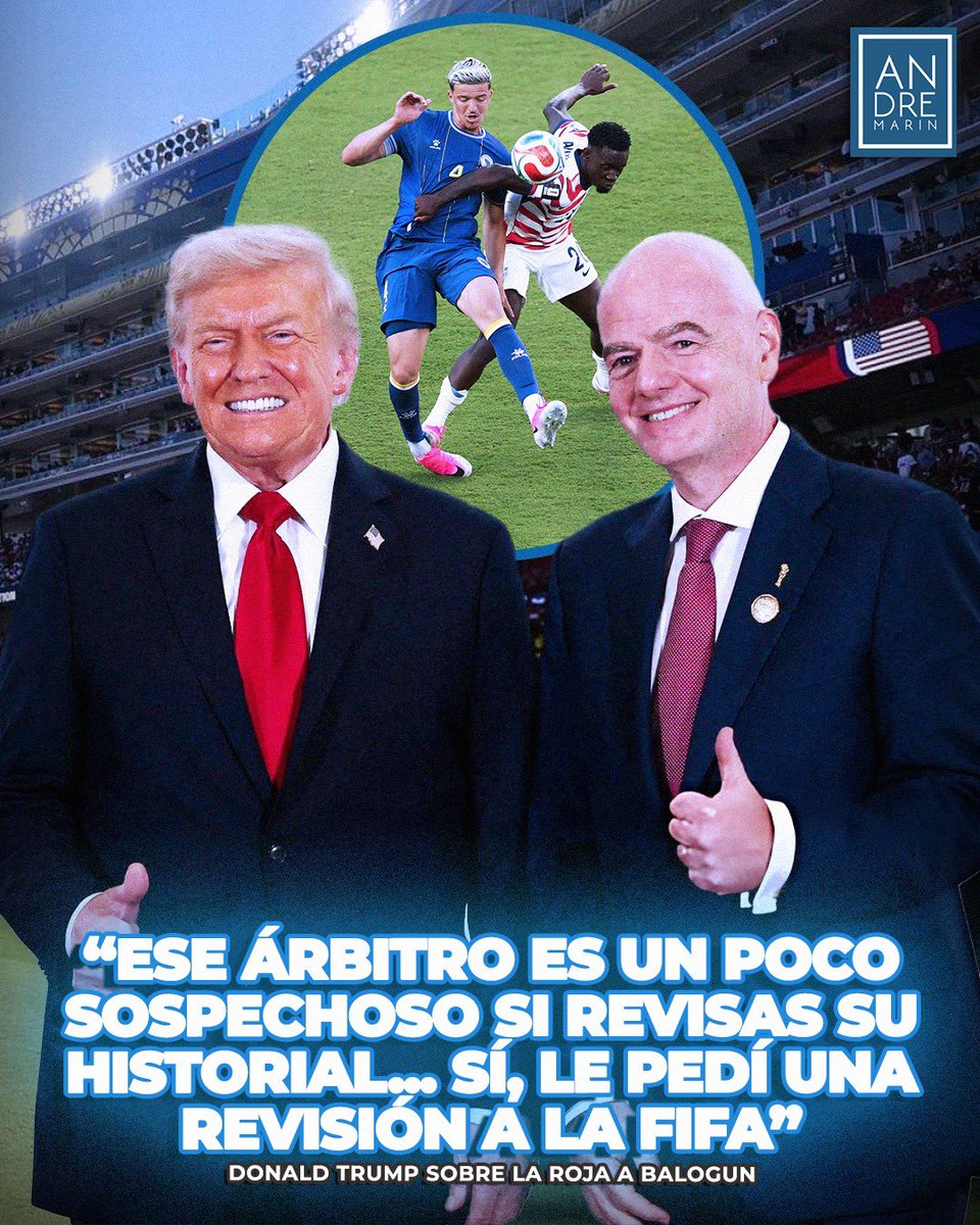 andremarinpuig's tweet photo. ¡TRUMP CONFIRMA QUE HABLÓ CON LA FIFA POR LA ROJA A BALOGUN! 😳🇺🇸🟥

Donald Trump, presidente de los Estados Unidos, confirmó que habló con la FIFA para que revisara la expulsión de Folarin Balogun y puso en duda la honorabilidad del árbitro:

- "Eso ni siquiera fue falta... este árbitro, que es un poco sospechoso si revisas su historial, tomó una decisión que nadie podía creer. Es nuestro mejor jugador y le sacó una tarjeta roja. No sabía qué significaba eso, pero luego supe que significa que no puedes jugar el siguiente partido y se me hizo muy injusto... sí, pedí una revisión por parte de la FIFA".

Gianni Infantino, presidente de la FIFA, aseguró que la llamada no influyó y que la decisión la tomó un comité independiente.

Ahora, Bélgica amenaza con impugnar el partido si Balogun juega y desde Inglaterra piden que apliquen la misma medida con Quansah tras su expulsión vs México...