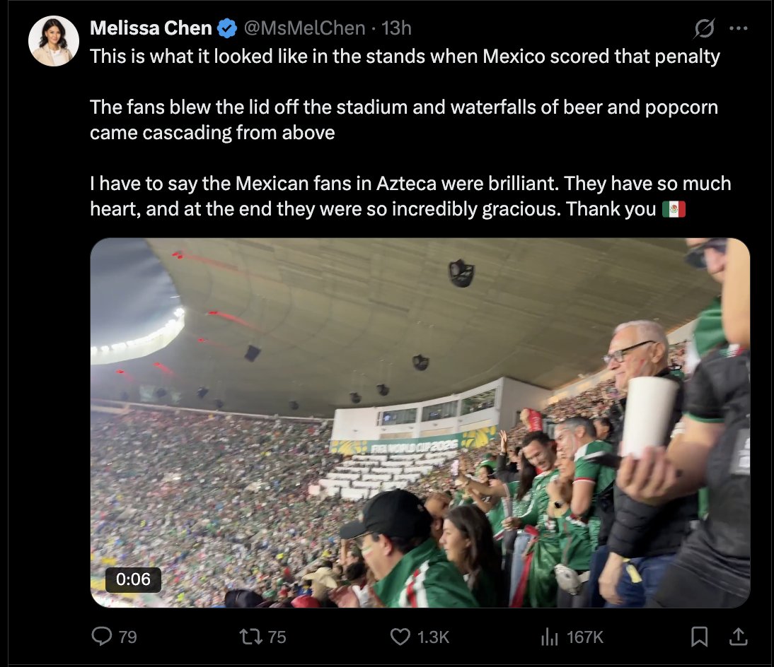 NathanielParish's tweet photo. 🇲🇽⚽️I see @MsMelChen came to Mexico with a negative attitude and was eventually won over by the local fans. 

Her initial prejudiced tweet got over 5m views. 

Her later appreciative tweet got under 200k. 

🤷‍♂️ https://t.co/9eoVRUWYZY