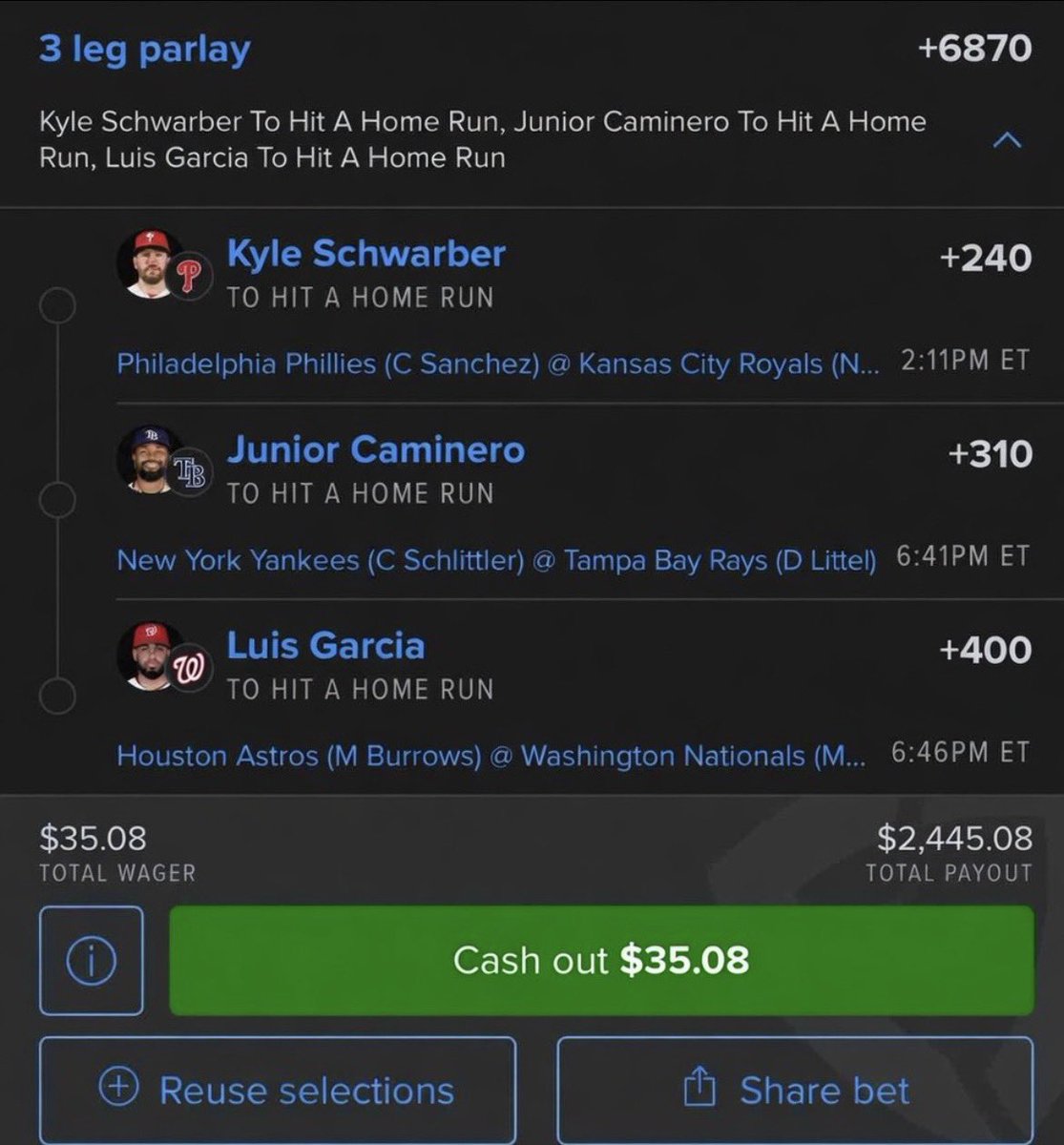 blertirad's tweet photo. ALL to go yard tonight, let’s get paid 💰
Who riding? 🫡​​​​​​​​​​​​​​​​​​​​​​​​​​​​​​​​​​​​​​​​​​​​​​​​​​

Kyle Schwarber HR
Junior Caminero HR
Luis Garcia HR

#Gambling𝕏    @Playbook https://t.co/AufwzFmSJS