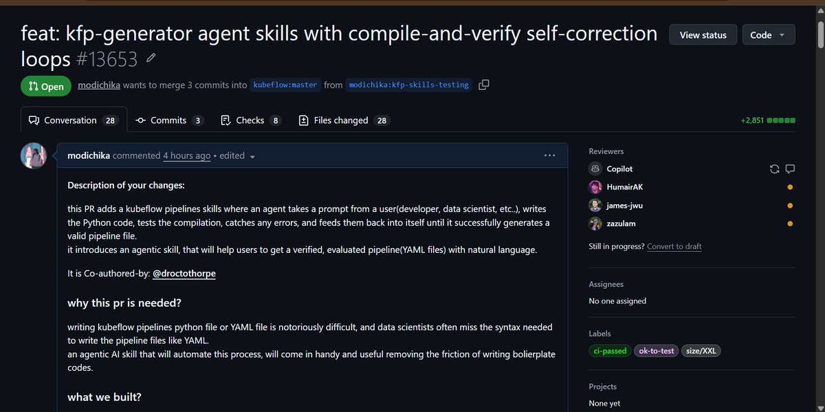windy_brook2001's tweet photo. just opened a major PR in @Kubeflow Pipelines (https://t.co/8ek2KassBr) introducing agentic skills powered by compile-and-verify self-correction loops
co-authored by a core maintainer of kfp.
time for review!
#buildinpublic #MLOps #Kubernetes #OSS #Golang #SystemsDesign https://t.co/Xau7MRHvNG