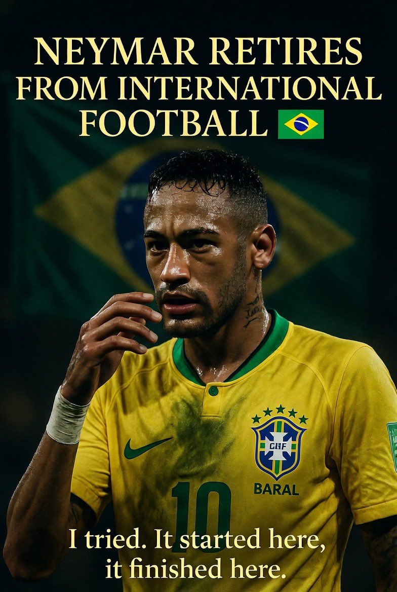 AllSportsDesk's tweet photo. @FabrizioRomano 🚨 Neymar announces his RETIREMENT from international football! 👋🏼🇧🇷
After the match at MetLife Stadium, he said:
“I tried. I tried. It started here and I finished here. It is now over.”
End of an era for the Seleção. What a journey. ❤️
#Neymar #Brazil https://t.co/GBqJmhbISw
