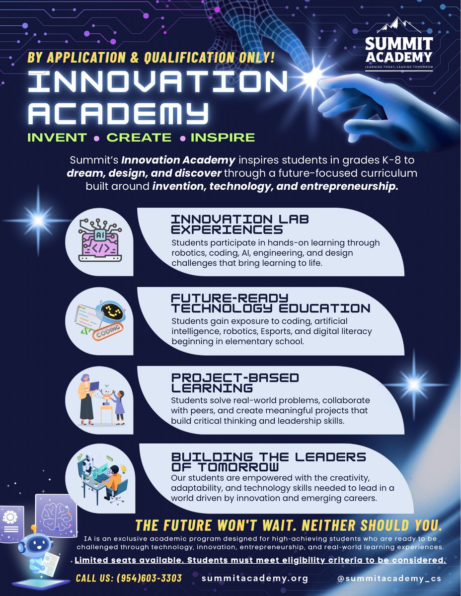 summitcharter_'s tweet photo. 🚨 The future of education has arrived at Summit Academy. Introducing Innovation Academy, our exclusive, application-only program for high-achieving students ready to explore AI, robotics, coding, entrepreneurship, and real-world innovation.

⭐ Limited seats available. Call us! https://t.co/CkTeaFwHZ4