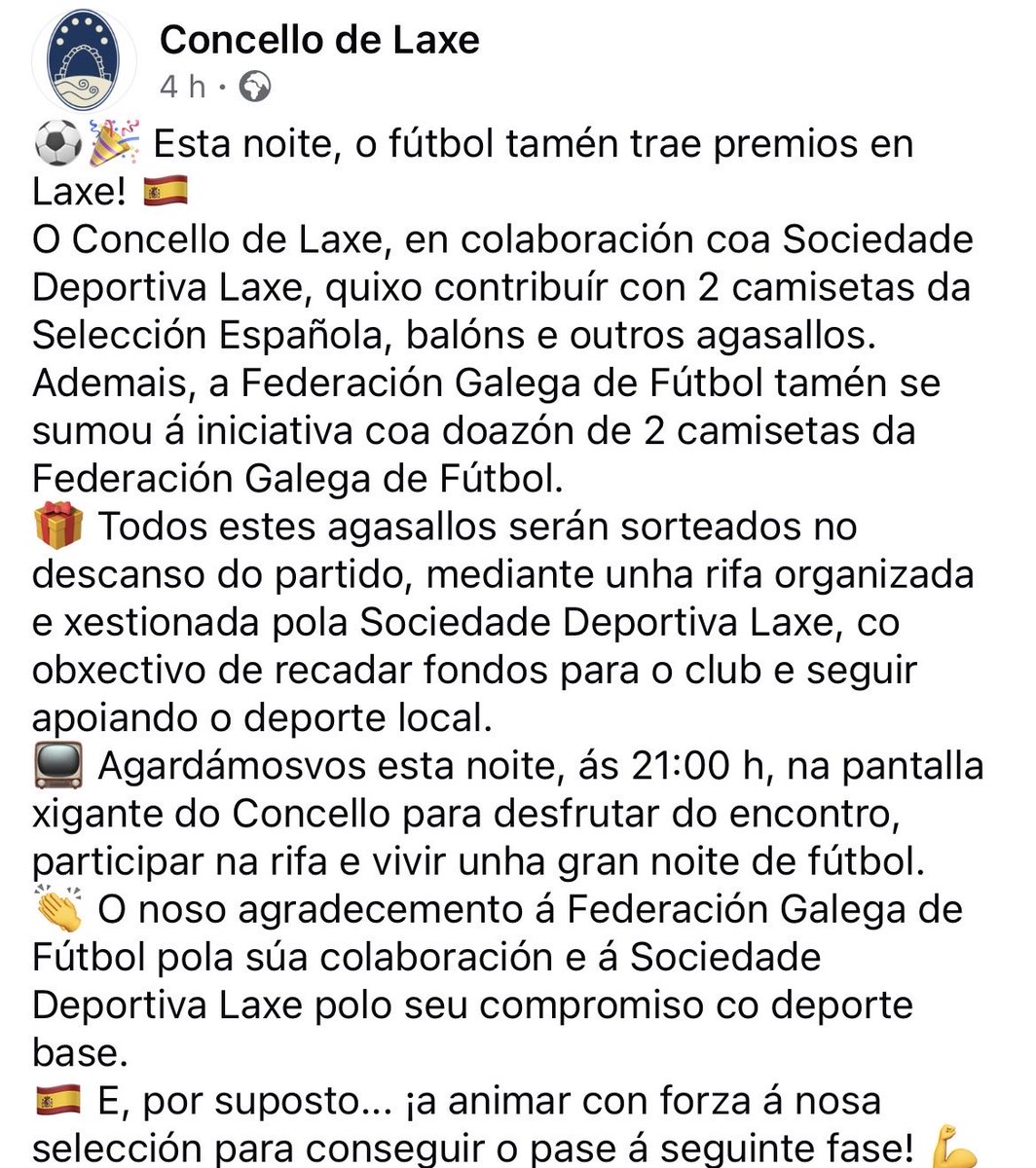 GALICIANGOLES's tweet photo. No Concello de Laxe esta noite pantalla xigante e sorteo de 2 camisolas da @SEFutbol cortesía da @rfef https://t.co/mnFGRIBBQk