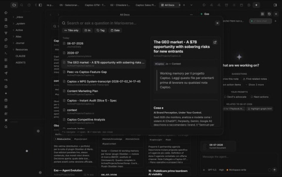 MarioMiletta's tweet photo. @josephmwood This is why, after a lot of tools, I built different plugins to personalize obsidian around my needs… I think I’ve found my place now 🥲 if you want to check them out https://t.co/H6FccFLad2 (still early, but the exo plugin, masonry and sonar really hit hard) https://t.co/JLDEAGWWIG