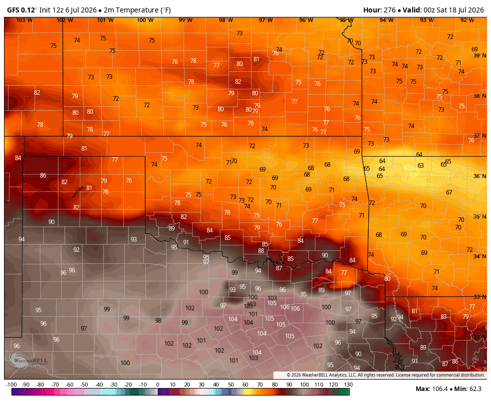 wxColton's tweet photo. Such a bad practice to pick a single model run and call it a "forecast."

Was this model spitting out 120°+ for Jul 17 yesterday? Yes.

Take a look at it today. https://t.co/EdkrwvSQ2k