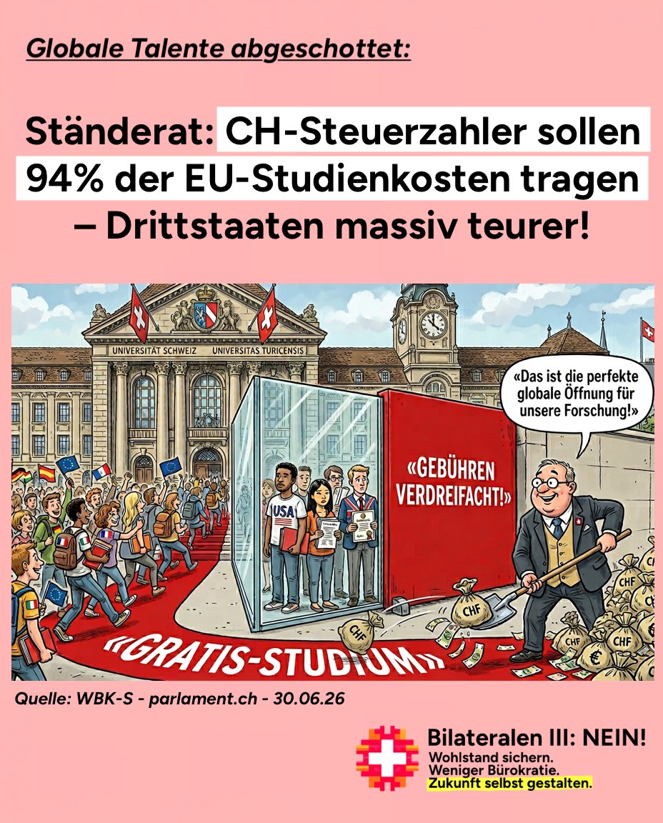 bilateralen's tweet photo. 94% auf unsere Kosten! 🛑 EU-Bürger studieren künftig fast gratis, wir zahlen 94 %. Gebühren für Drittstaaten steigen massiv. 70 % der Schweizer ohne Uni-Zugang zahlen die Zeche. Die Kosten des Integrationsabkommens müssen auf den Tisch! 🇨🇭 https://t.co/sPkuQ2sN9z