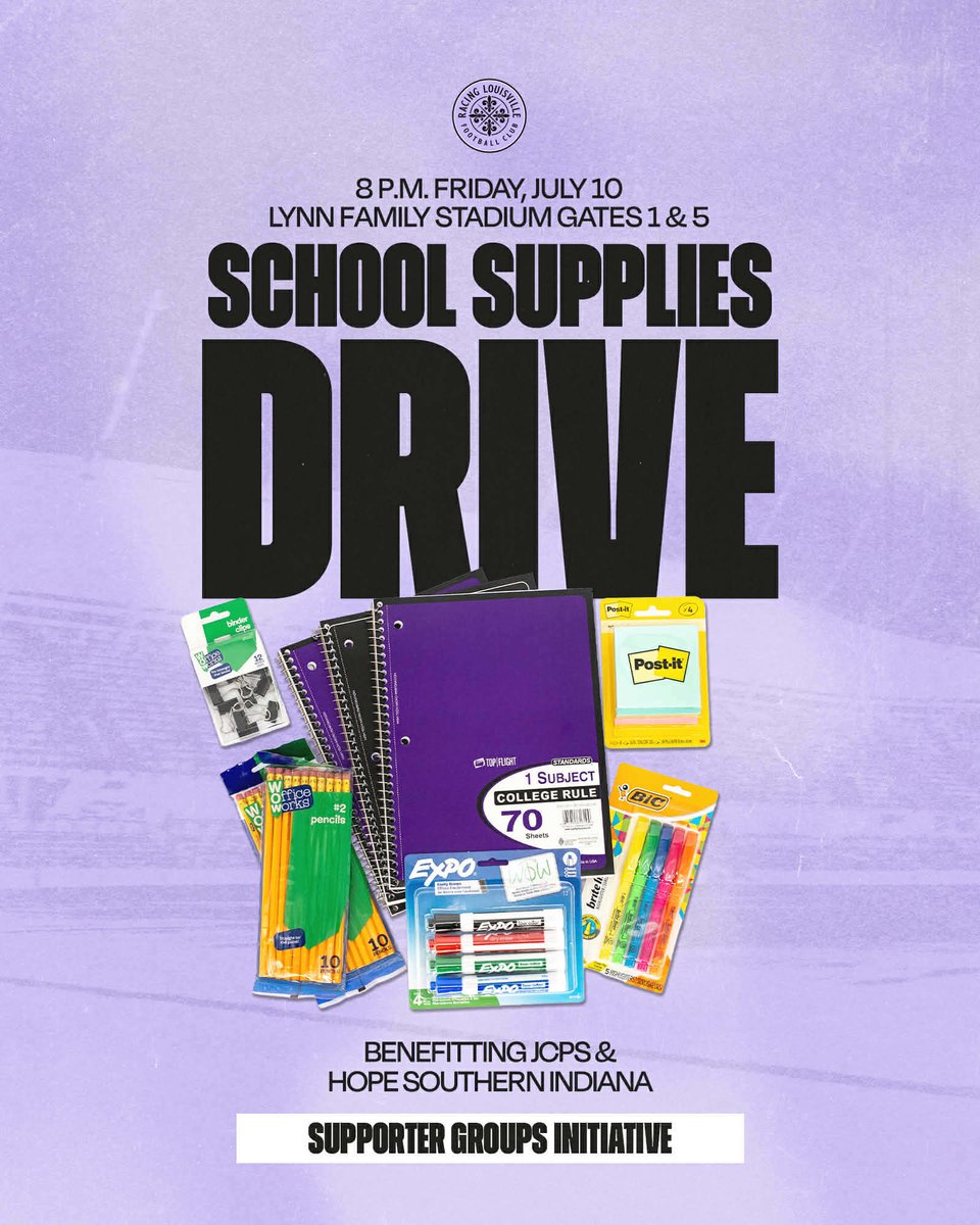 LouCoopers's tweet photo. Reminder:

Racing Louisville FC and Louisville City FC players MaKenna Morris and Brandon Dayes, along with our supporter groups, are hosting a back-to-school drive during our games on Friday, July 10th at 8:00 PM and Saturday, July 11th at 8:00 PM. All donations will benefit Jefferson County Public Schools and Hope Southern Indiana.

Please review the attached slides for a list of items requested for students and teachers. We will be collecting donations at Gates 1 and 5 during both matches.

If you cannot attend but would still like to contribute, please reach out to the LouCity Coopers, Lavender Legion, Scouse’s House, or players Brandon Dayes and MaKenna Morris for alternative donation methods. You can also donate via the Coopers' Venmo or CashApp.