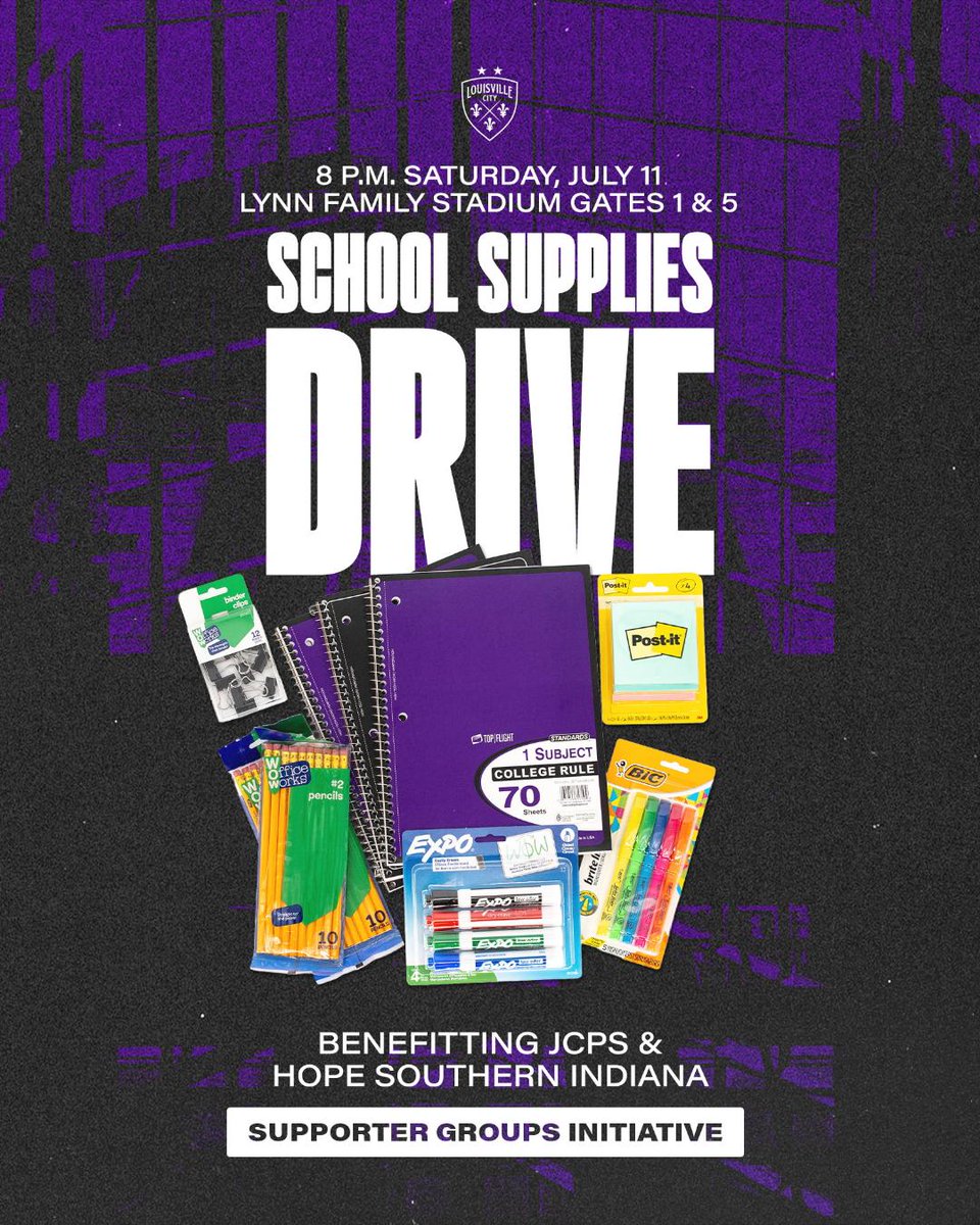 LouCoopers's tweet photo. Reminder:

Racing Louisville FC and Louisville City FC players MaKenna Morris and Brandon Dayes, along with our supporter groups, are hosting a back-to-school drive during our games on Friday, July 10th at 8:00 PM and Saturday, July 11th at 8:00 PM. All donations will benefit Jefferson County Public Schools and Hope Southern Indiana.

Please review the attached slides for a list of items requested for students and teachers. We will be collecting donations at Gates 1 and 5 during both matches.

If you cannot attend but would still like to contribute, please reach out to the LouCity Coopers, Lavender Legion, Scouse’s House, or players Brandon Dayes and MaKenna Morris for alternative donation methods. You can also donate via the Coopers' Venmo or CashApp.