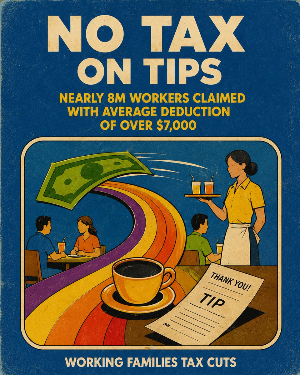 WhiteHouse's tweet photo. One year ago, President Donald J. Trump signed the Working Families Tax Cuts, ensuring families keep more of their hard-earned money.

Today? Over 8 MILLION workers have already claimed NO TAX ON TIPS. 🤑 That means more money in your wallet… Thank you, President Trump! https://t.co/WIpTuTLLYn
