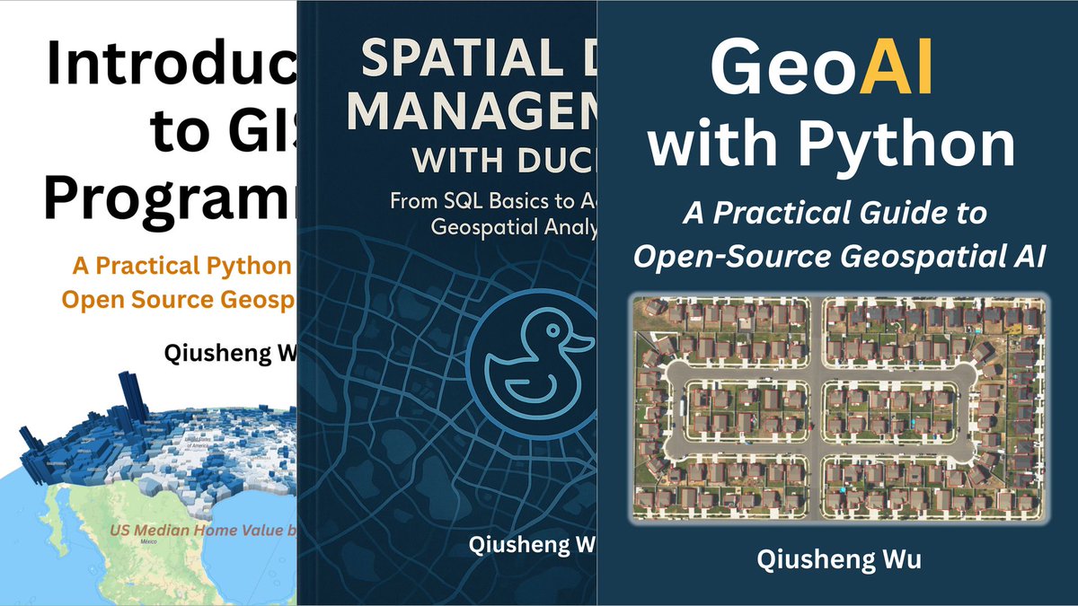 leanpub's tweet photo. The Open Geospatial Python Series by Qiusheng Wu is the featured bundle of ebooks 📚 on Leanpub!

Learn geospatial Python from the ground up to advanced GeoAI. Build real-world workflows for GIS, spatial data management, and AI-powered analysis. … https://t.co/OMSmSWEzWf https://t.co/CxNM3y1TaV