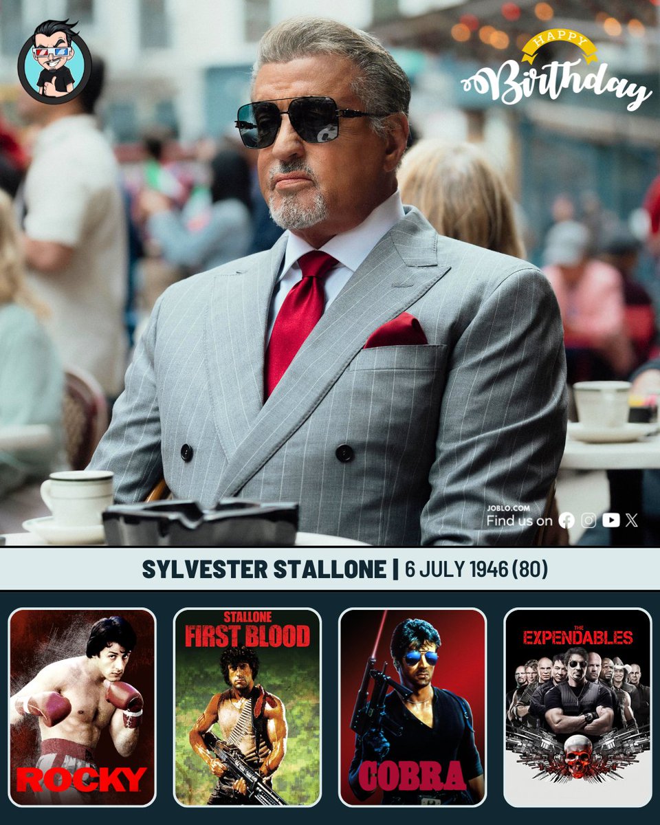 joblocom's tweet photo. Sylvester Stallone turns 80 today! 🎂
#SylvesterStallone #Rocky #FirstBlood #Cobra #Expendables #ActionLegend https://t.co/XiIrqL8aFD