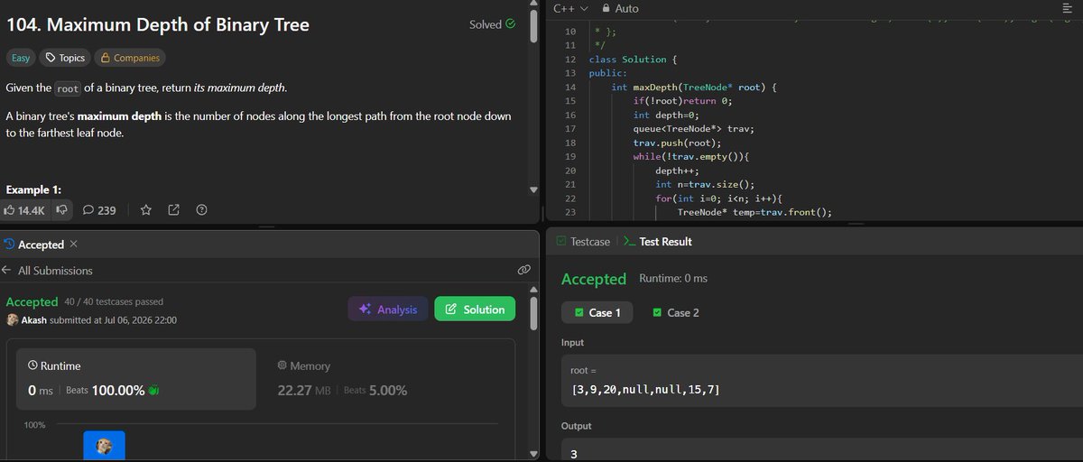chillipilot's tweet photo. Day 36 of #SDESheetChallenge by @takeUforward_
@striver_79

1) Level Order: Used a queue to record each level and store in vector
2) Max Depth: Used the same logic as lvl order to realize no. of lvls
3) Diameter of BT: req. assistance for the recursive function logic https://t.co/dnBib0gRsv