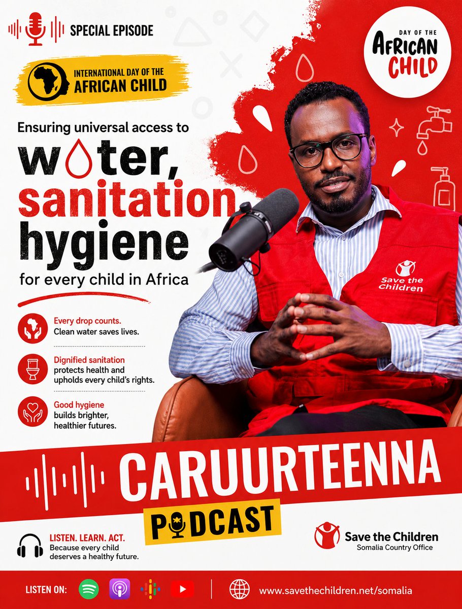 SaveChildrenSO's tweet photo. #ICYMI: Clean water isn't just a basic need—it's a game-changer for a child's future. 💧🎓 

Catch our #DAC2026 #Carruurteena podcast episode where @Maganyare1 shares how climate-proof WASH keeps girls in school &amp; builds resilience in #Somalia.

🎧 https://t.co/xyfLTzg5BS https://t.co/1HUZS7YzXS