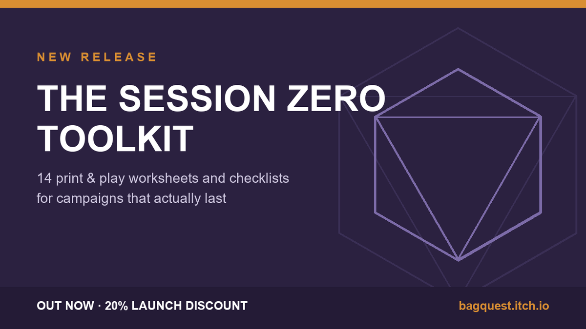 Sorcellator's tweet photo. Most campaigns don't die from one bad plot twist.

They leak: expectations, calendars, quiet frustration, GM burnout.

I made The Session Zero Toolkit: 14 print-and-play worksheets for RPG campaigns that actually last.

https://t.co/0rT4kdDvgI https://t.co/eMqwe0C2Ta