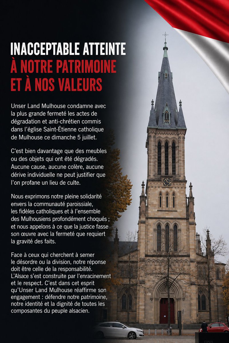 ULMulhouse's tweet photo. Communiqué de Unser Land #Mulhouse sur le saccage à l'#église catholique Saint Etienne de Mulhouse.
#Alsace https://t.co/lWVT1wK8Xh