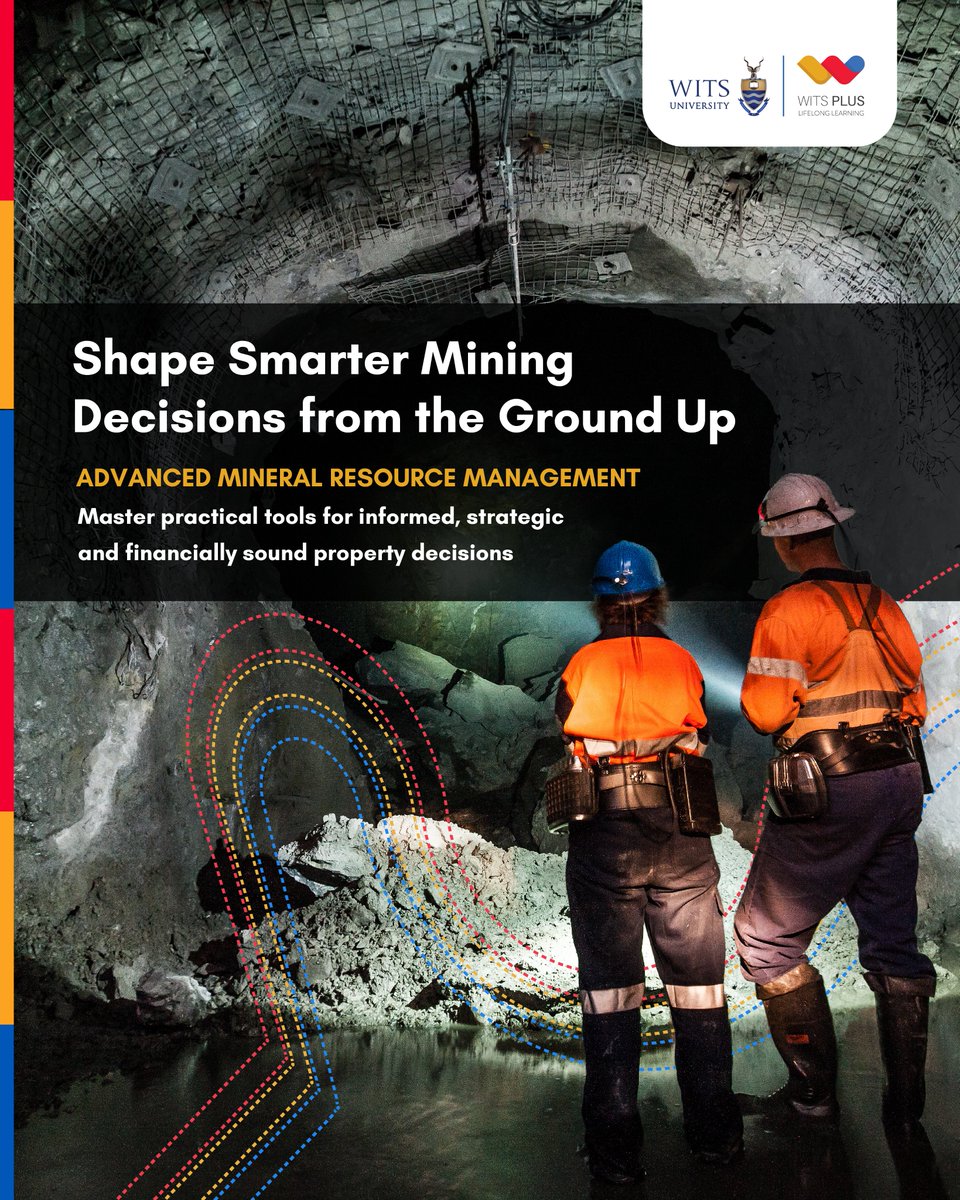 witsplus's tweet photo. Smarter mining decisions start with stronger resource management.
The Advanced Mineral Resource Management course equips mining #professionals with practical insight into #MineEvaluation, design principles, financial valuation, #Optimisation, #LegalFrameworks, and advanced MRM. https://t.co/n3SjLWywWA
