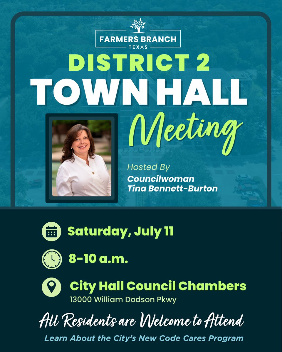 FBTX's tweet photo. All residents are invited to the District 2 Town Hall Meeting on Saturday, June 11!

Join Councilwoman Dr. Tina Bennett-Burton for an opportunity to learn about recent City projects, upcoming initiatives, and the launch of the new Code Cares program. https://t.co/p1D5GhxELk