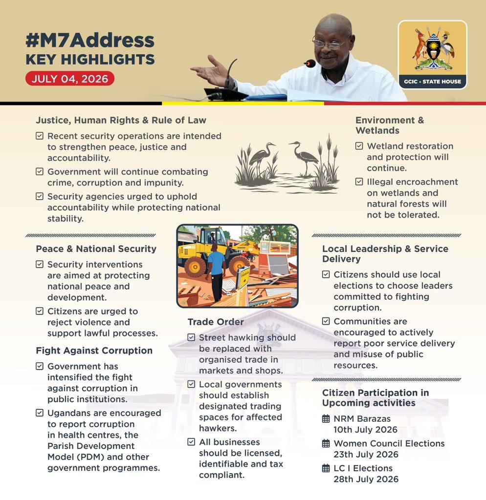 Aryatwongyera's tweet photo. Major highlights from the President’s address on Saturday, 4th July. #M7Address #OpenGovUg https://t.co/ya53xWlF8P