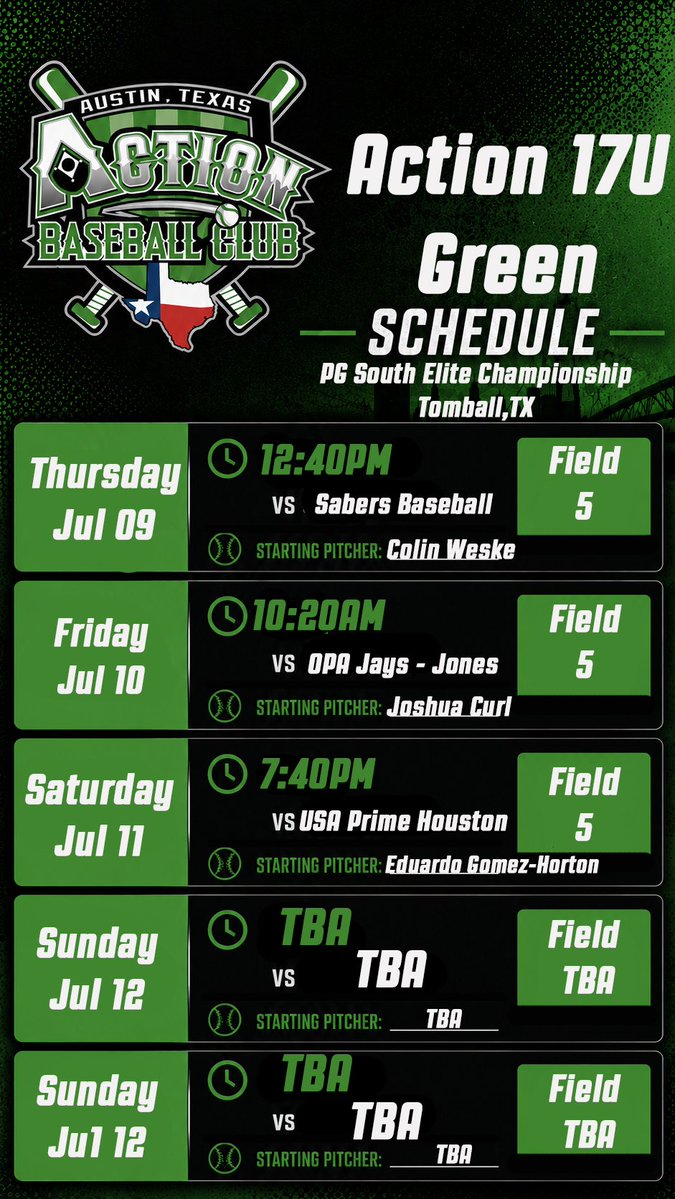 ActionBaseball's tweet photo. Our 17u Green team is in action this weekend at the PG South Elite Championship in Tomball. Good luck to our players and coaches when they take the field this weekend! https://t.co/l1ZNHasRCy