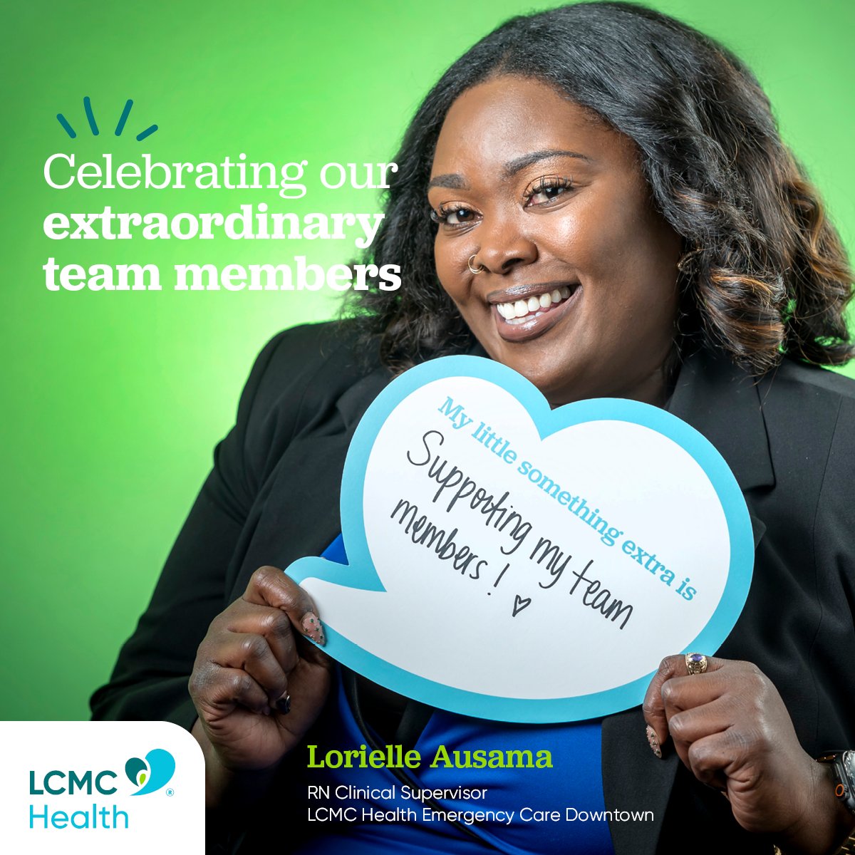 LCMCHealth's tweet photo. Lorielle Ausama is a RN Clinical Supervisor at LCMC Health Emergency Care Downtown. Her #littleextra is supporting her team members! π
Share your Little Extras with us at https://t.co/y8v65CUfLa. https://t.co/mf7pz5SUvG