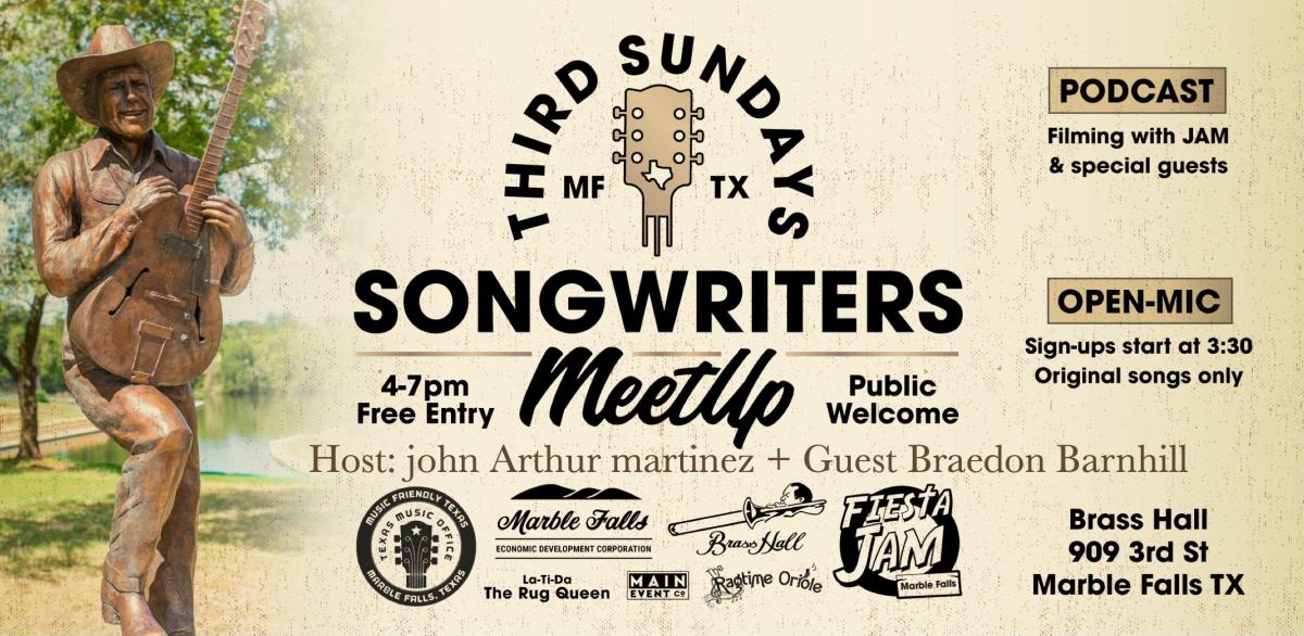 txmusicoffice's tweet photo. The Third Sundays Songwriters Meetup returns to Brass Hall in Marble Falls on Sunday, July 19, from 4:00–7:00 p.m., continuing its monthly tradition of bringing together songwriters, musicians, and music fans on the third Sunday of every month. With free admission, the meetup provides a welcoming environment for artists of all experience levels to share original music, collaborate with fellow creatives, and connect with the thriving Texas songwriting community. Whether performing for the first time or debuting new material, participants are encouraged to take the stage during the event's open mic session.

In addition to live performances, the Third Sundays Songwriters Meetup features a podcast filming, giving participating artists an opportunity to share the stories behind their songs and highlight their creative journeys. Audience members can enjoy an afternoon of authentic Texas songwriting while discovering emerging talent in an intimate listening-room setting. By combining live music, storytelling, and community engagement, the monthly gathering has become a popular destination for musicians and music lovers alike in the Texas Hill Country.

@VisitMarble