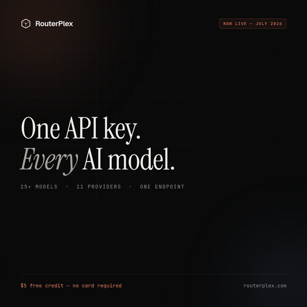RouterPlex's tweet photo. One API key. Every AI model. 🧊

25+ models — Claude Opus 4.8, GPT-5.5, Gemini 3.1, DeepSeek V4 — behind one OpenAI-compatible endpoint. Per-token billing, hard spend limits, auto fallbacks.

$5 free, no card → https://t.co/emxU0fmovJ https://t.co/DOg0814pgq