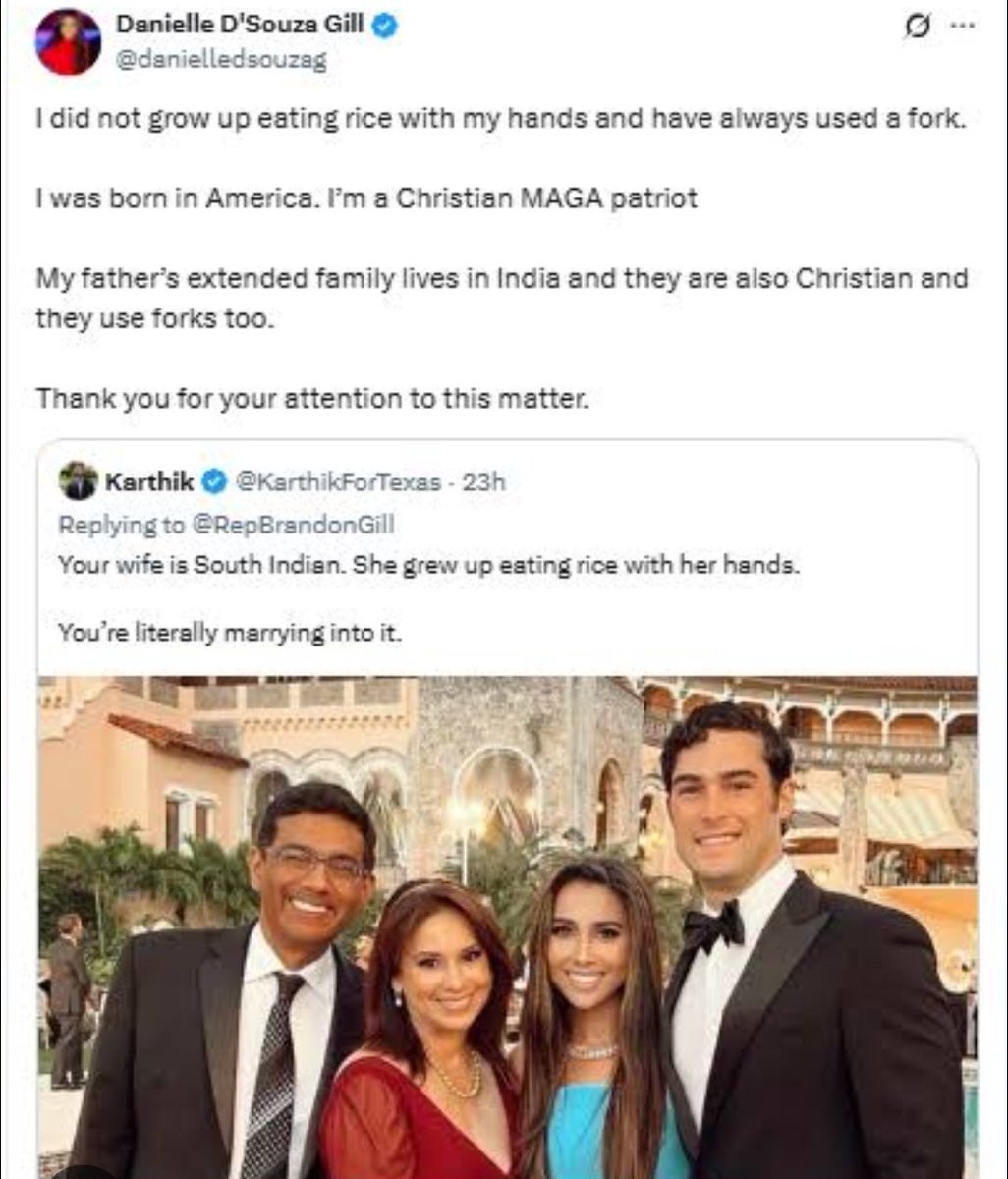 Screenshot of Danielle D'Souza Gill's post saying she never grew up eating rice with her hands, was born in America, is a Christian MAGA patriot, and that her family in India use forks too