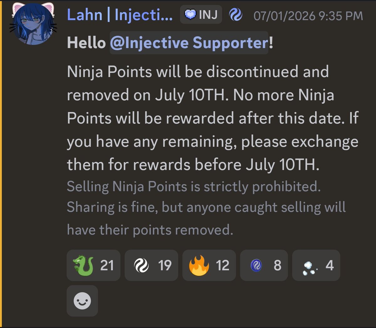 RahulxCrypto's tweet photo. ⚠️ Quick reminder for all @injective supporters.

If you still have Ninja Points?

Make sure to use them "before July 10"

➩ After July 10.

Ninja Points will be removed

You won't earn any new Ninja Points.

Also, please don't sell your Ninja Points.

Sharing them is okay, but selling them can get your points removed.

If you know someone who's new to Injective.

send this to them so they don't miss the deadline.